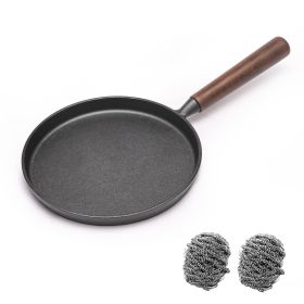 WANGYUANJI Cast Iron Pizza Pan, 9" Uncoated Pancake Skillet for Indoor and Outdoor, Non-Stick Skillet with Wooden Handle, Handmade Pancakes, Pizza