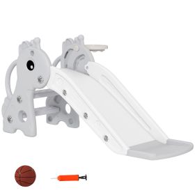 Qaba 3-in-1 Toddler Slide for Age 1-3, Freestanding Kids Slide with Climber, Basketball Hoop and Ball, Giraffe Design, Gray