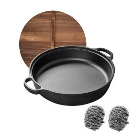 WANGYUANJI 11.8"Cast Iron Wok with Dual Handles and Wooden Lid, Uncoated Frying Pan for Gas and IH, Chinese Thickened Pancake Pan
