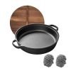 WANGYUANJI 13"Cast Iron Wok with Dual Handles and Wooden Lid, Uncoated Frying Pan for Gas and IH, Chinese Thickened Pancake Pan