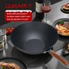 WANGYUANJI Iron Wok, 12.59" Lightweight Wok and Stir Fry Pan, Wooden Handle Carbon Steel Wok No Chemical Coated Flat Bottom Wok for Induction